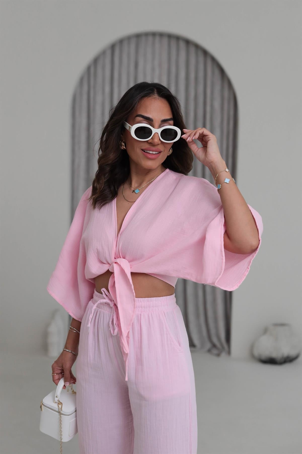 4729 Müslin Kumaş Bağlama Detay Bluz PEMBE