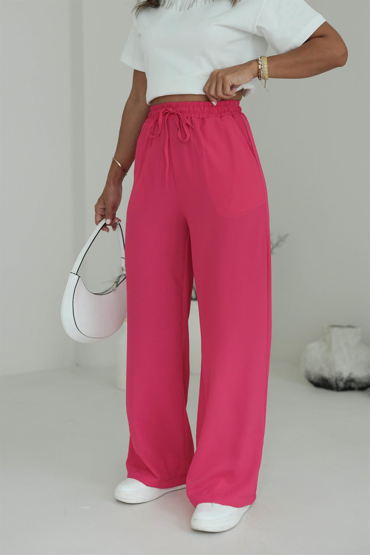 8779 Beli Lastikli Bol Paça Pantolon FUŞYA