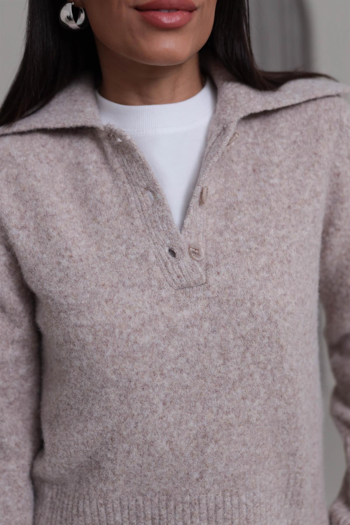 5069 Gömlek Yaka Yarım Düğmeli Kazak VİZON