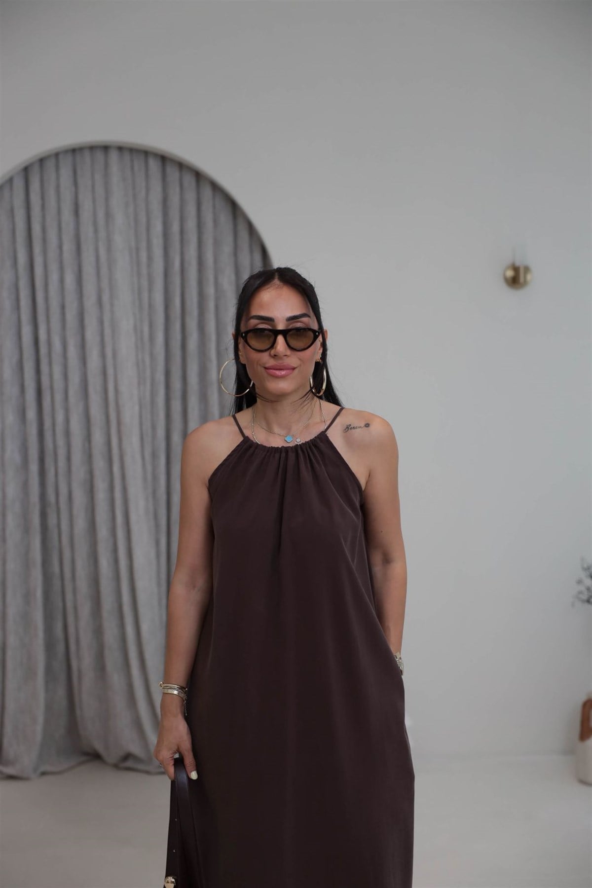 1106C İpli Halter Yaka Cepli Tencel Elbise KAHVE