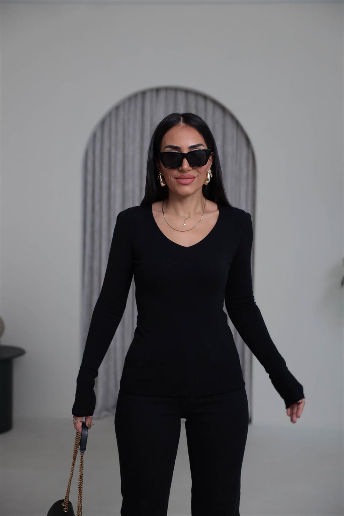 0842 V Yaka Kaşmirli Triko Bluz SİYAH