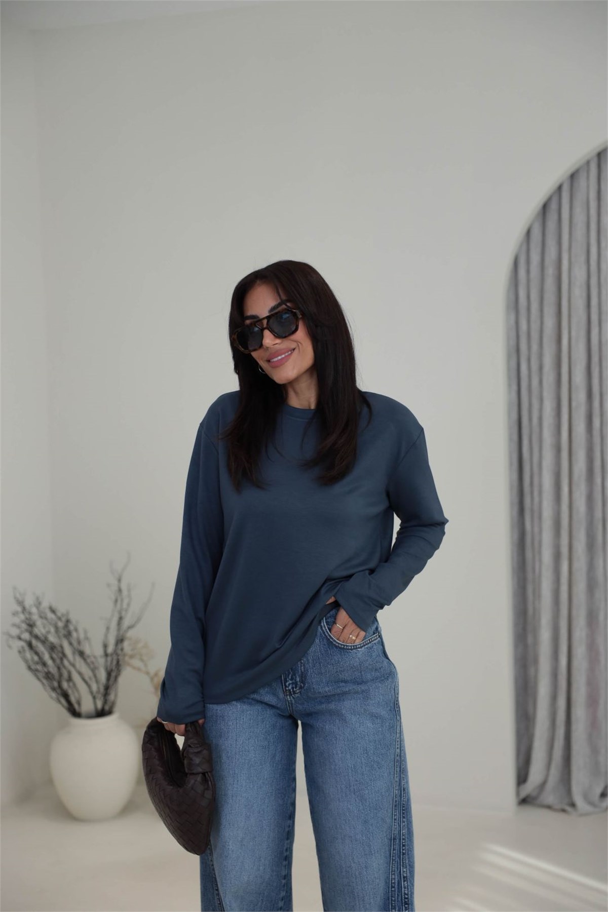 1448 Bisiklet Yaka uzun Kollu Oversize Tshirt FÜME
