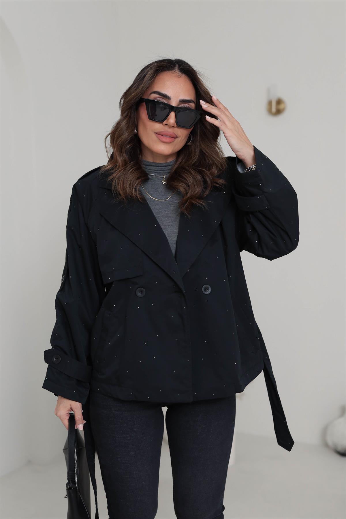 9544 Taşlı Kuşaklı Kısa Trençkot SİYAH