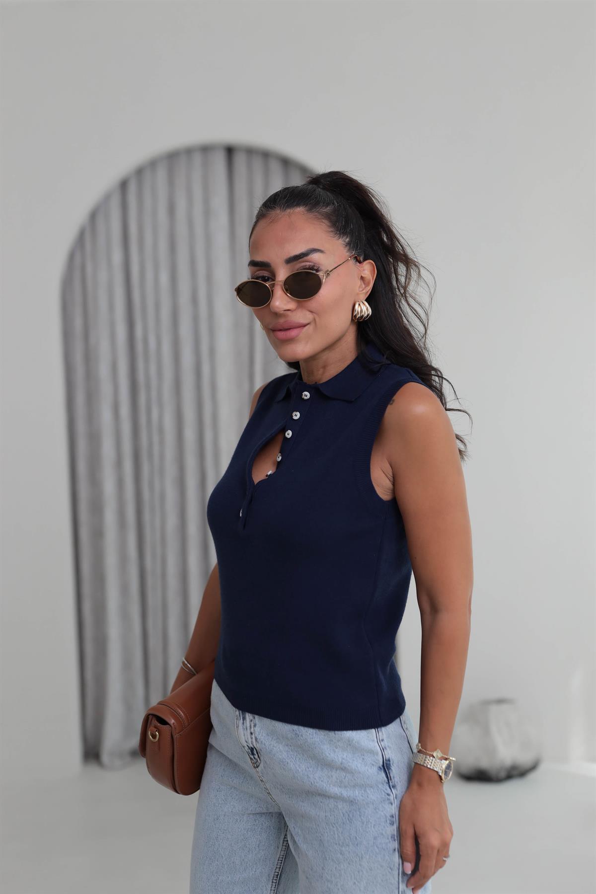 Polo Yaka Yarım Düğmeli Süveter LACİVERT