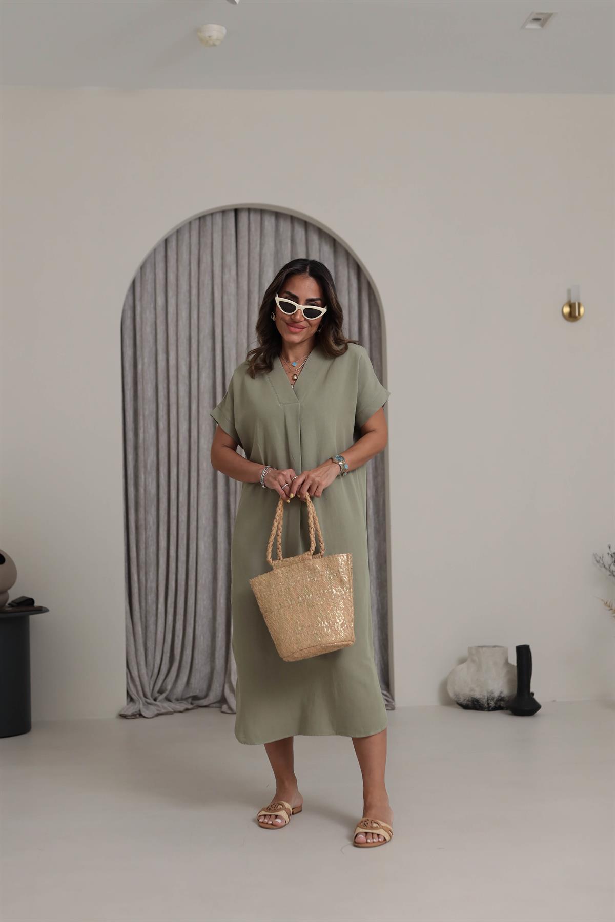 5998 V Yaka Rahat Terni Elbise HAKİ YEŞİL