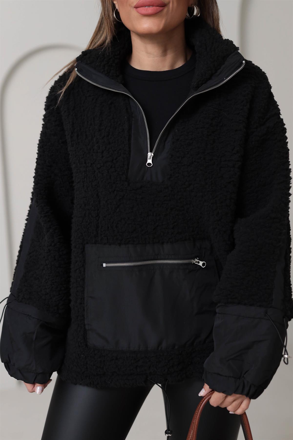 Yarım Fermuarlı Paraşüt Kumaş Detaylı Sweatshirt SİYAH