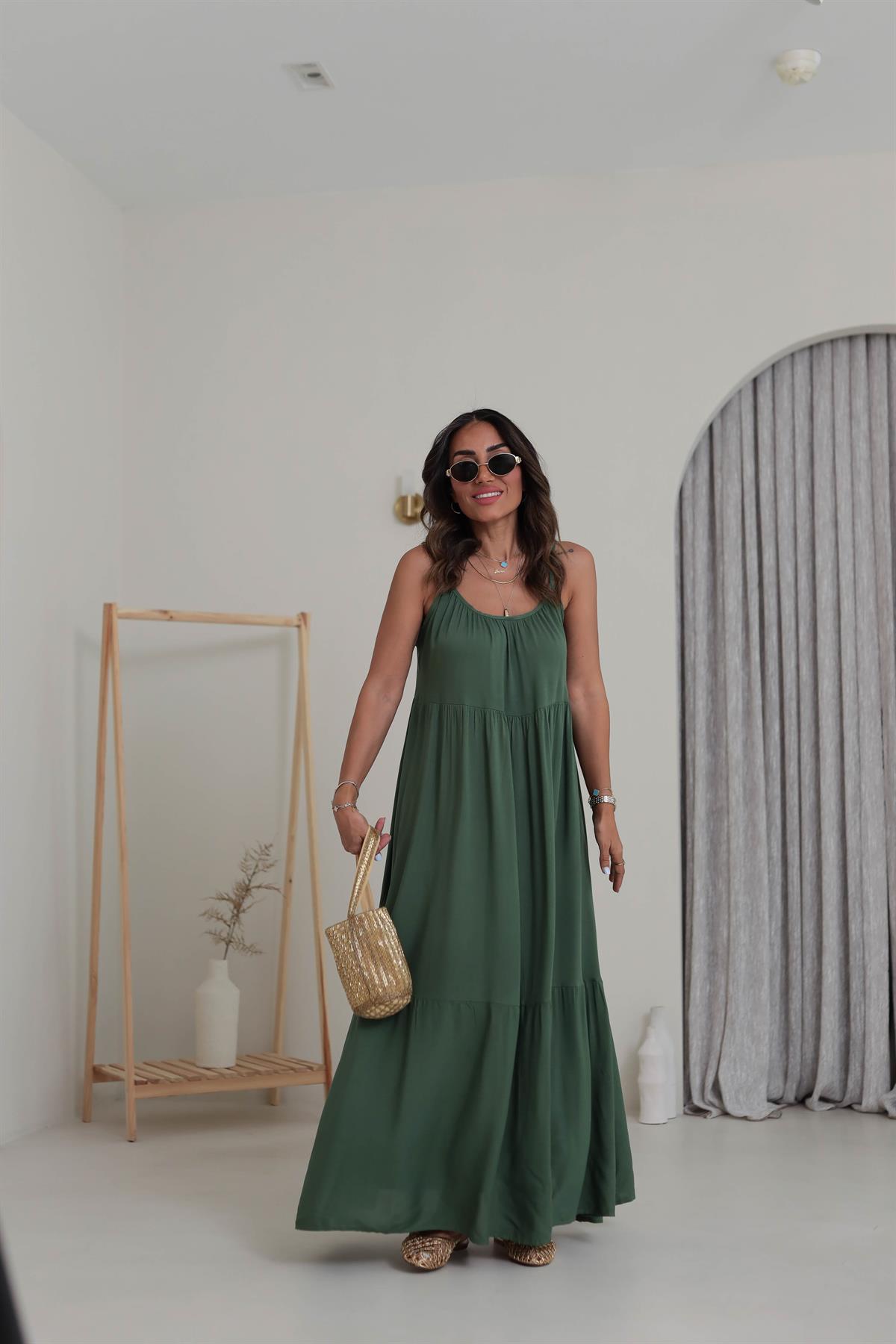 1387 Askıları Ayarlanabilir Viskon Maxi Elbise HAKİ YEŞİL