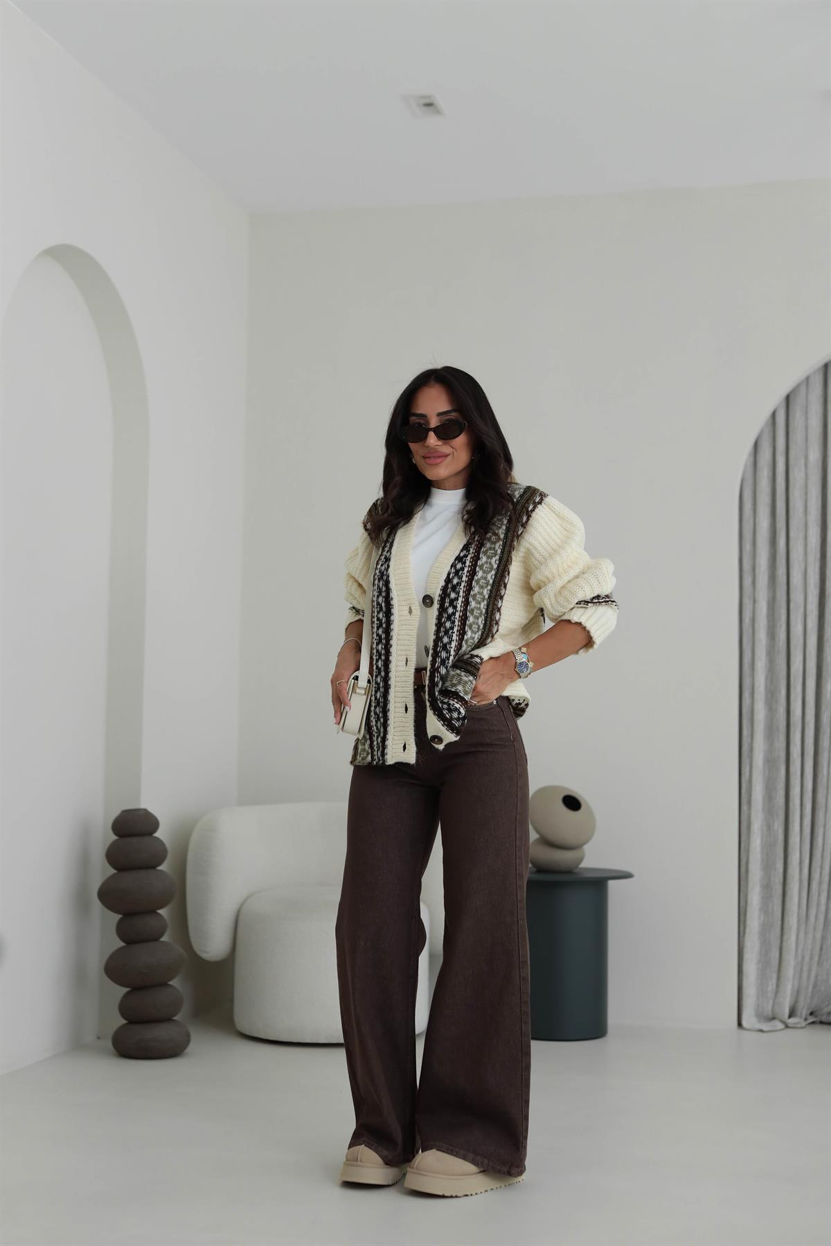 2033 Geniş Kalıp Yüksek Bel Denim Pantolon KAHVE