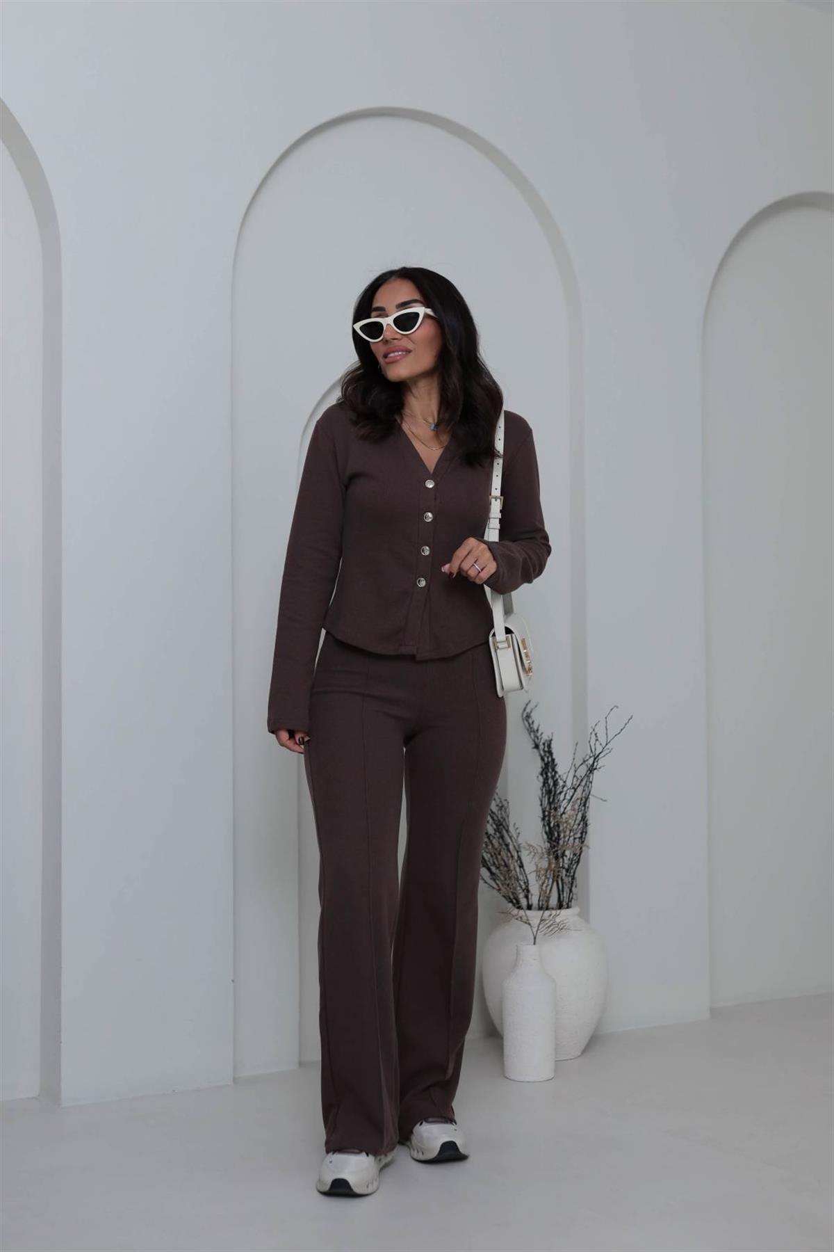 Gold Düğmeli V Yaka Selanik Hırka Takım KAHVE