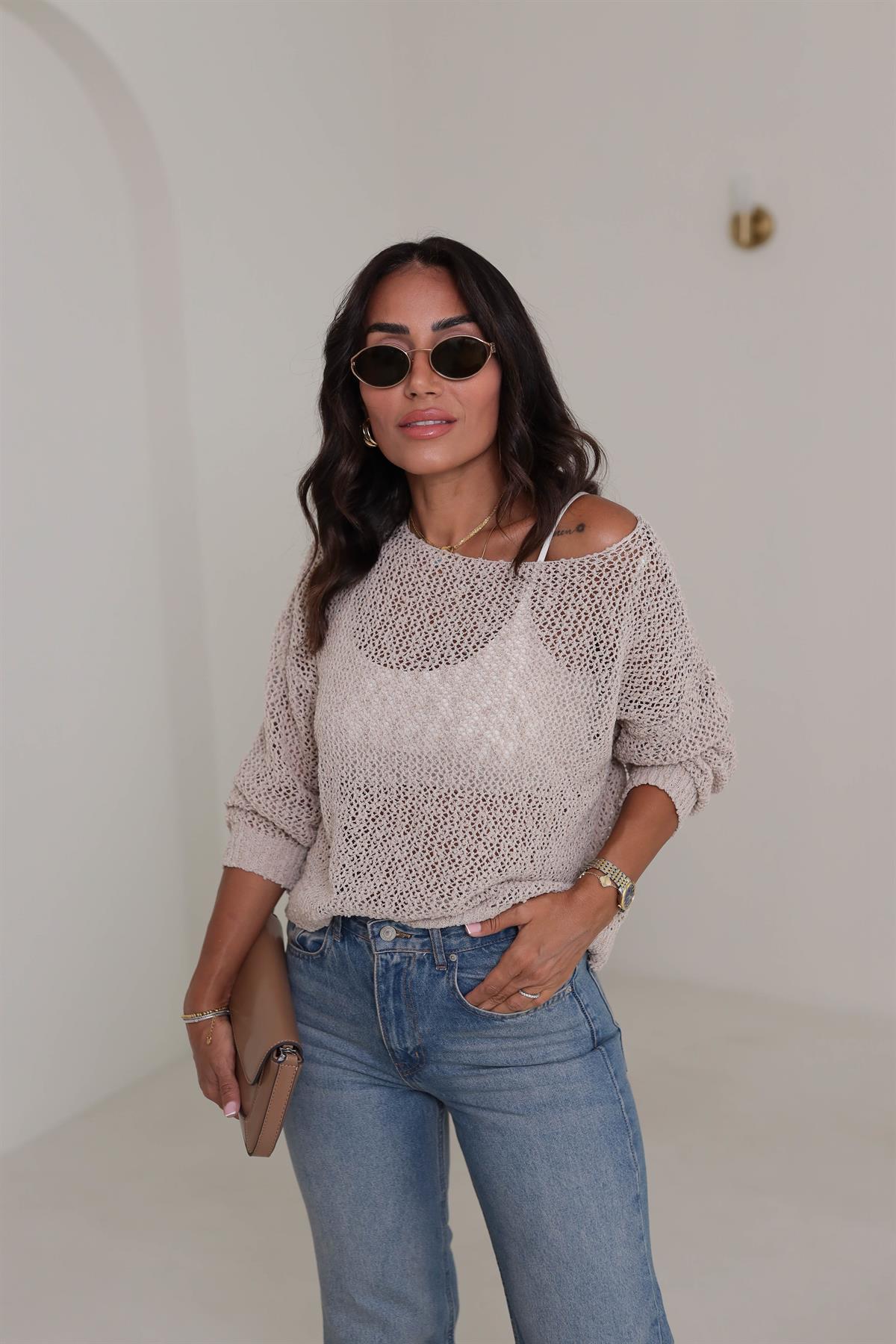 4412 Havuz Yaka Ajurlu Triko BEJ