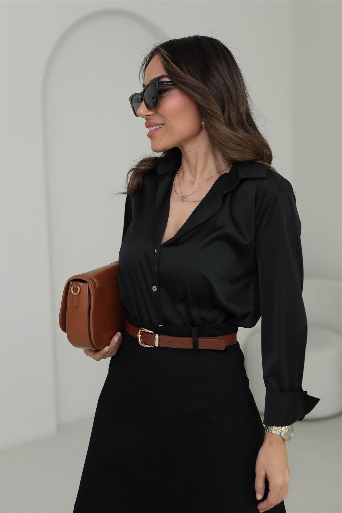 7917 Kolları Manşetli Saten Gömlek SİYAH