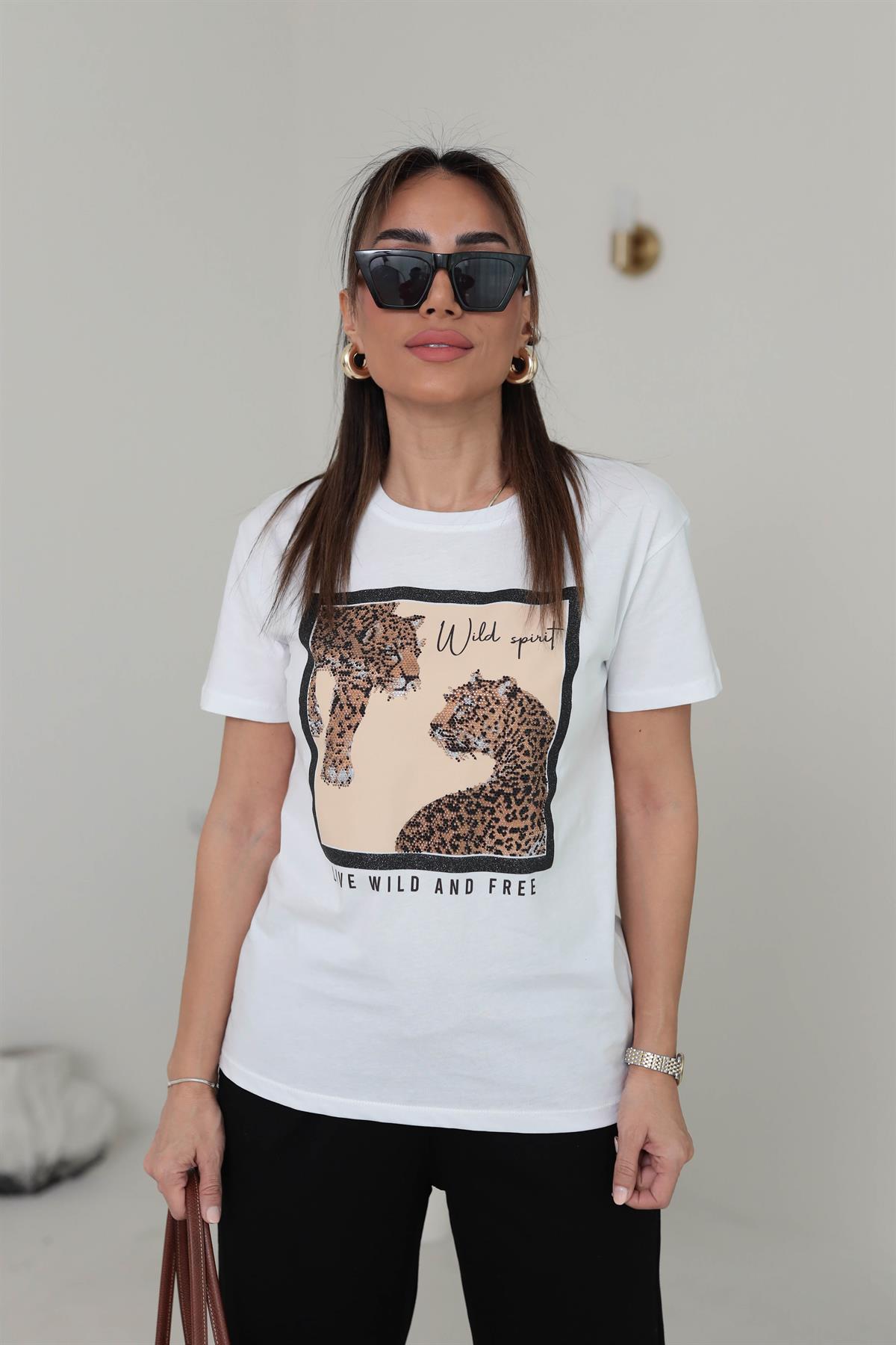 7068 Kaplan Baskılı Taşlı Pamuklu Tshirt BEYAZ