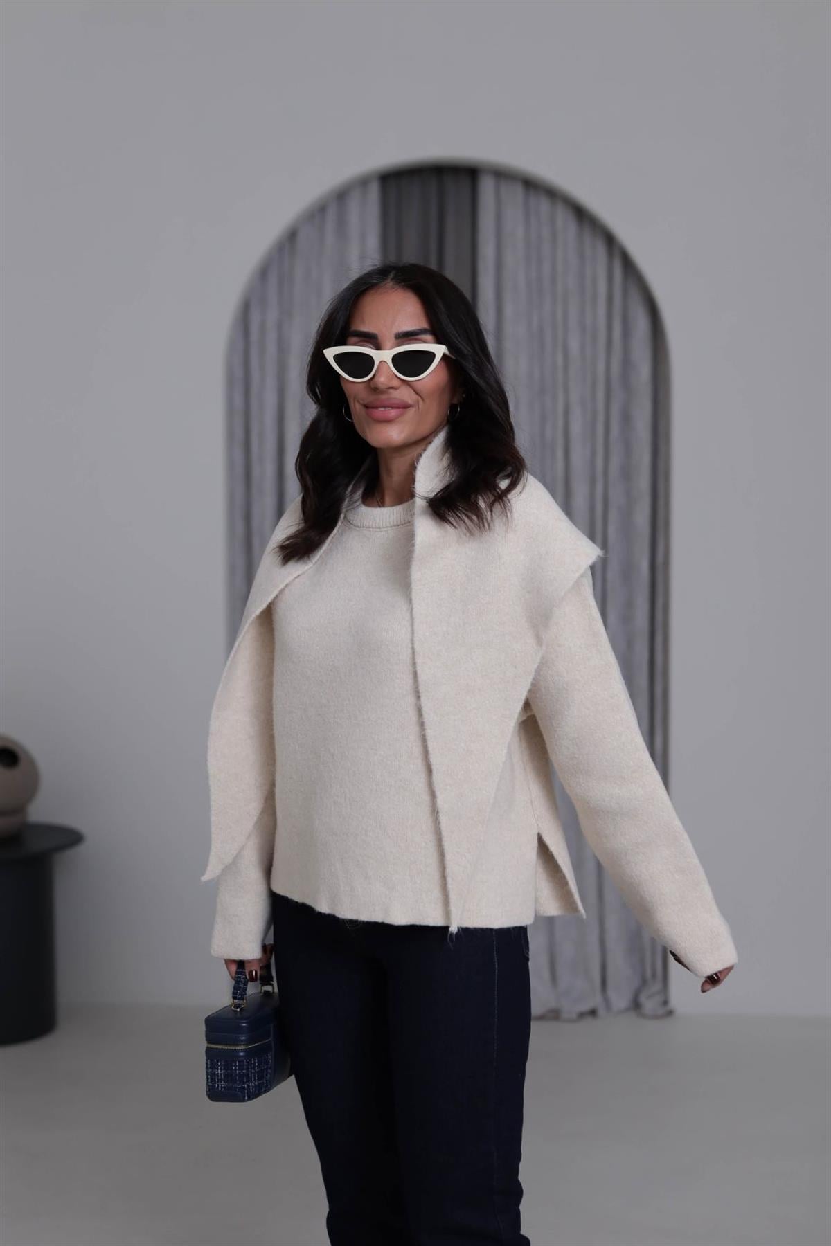 2567 Bisiklet Yaka Şal Detaylı Triko Kazak BEJ