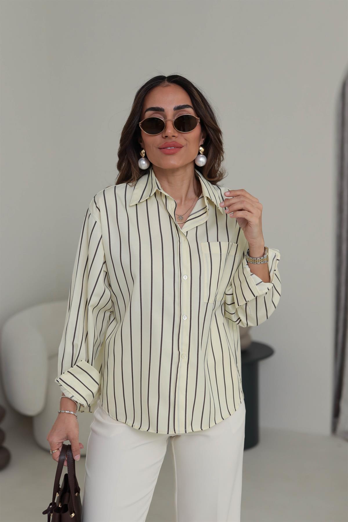 3142 Çizgili Cep Detaylı Poplin Gömlek SARI