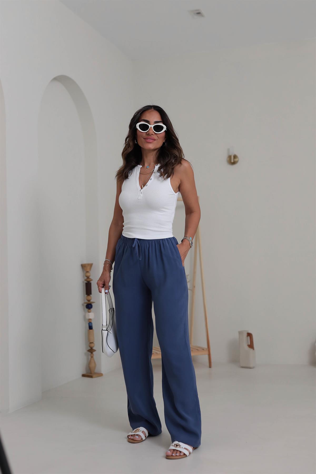 Beli Lastikli Bağcıklı Tencel Pantolon Indigo