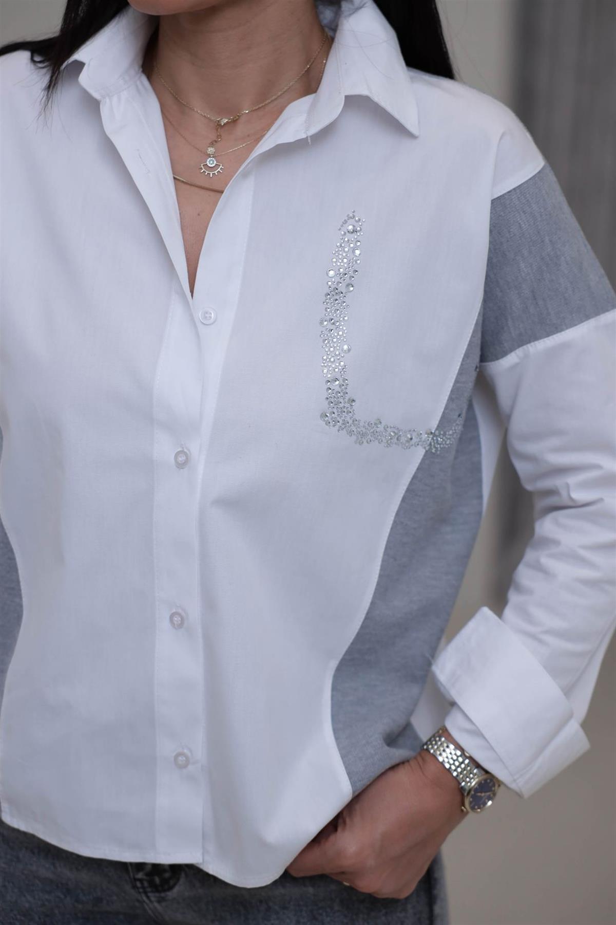 Triko Garnili Taş Detaylı Poplin Gömlek BEYAZ