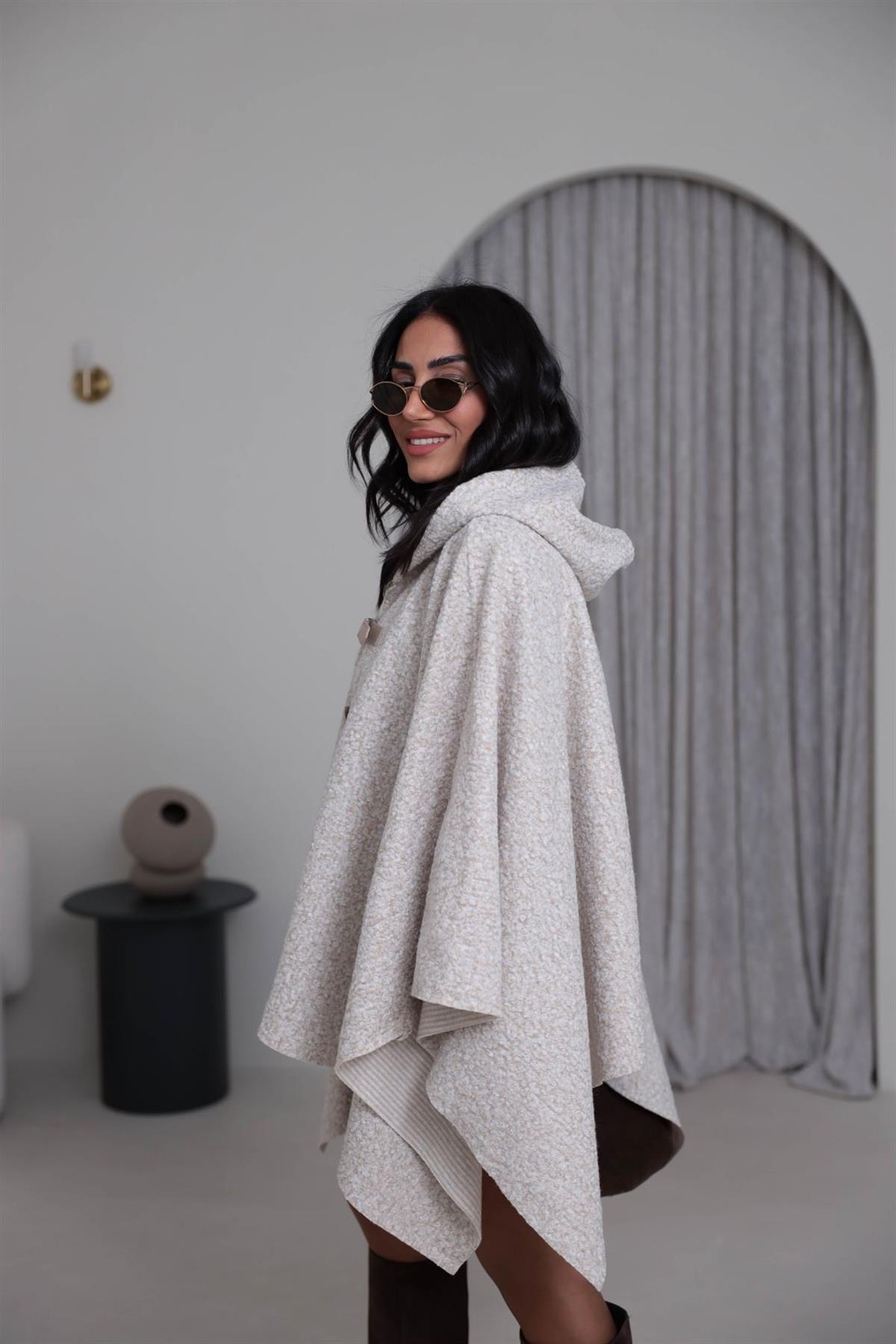 9175 Kemer Detay Kapşonlu Buklet Panço TAŞ