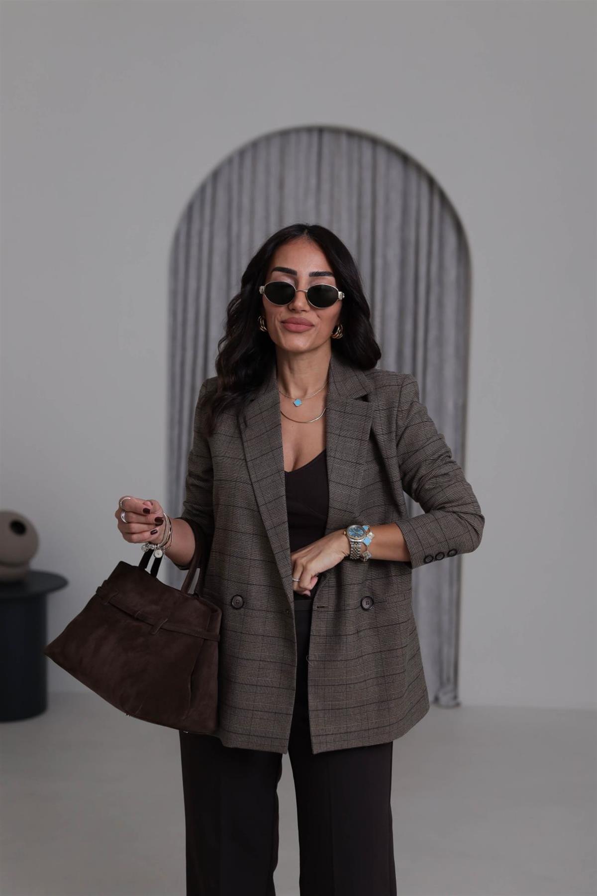 5174-K Düğme Detaylı Desenli Ceket VİZON