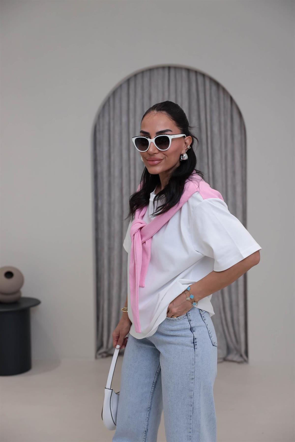 0688 Şal Detaylı Pamuklu Tshirt PEMBE