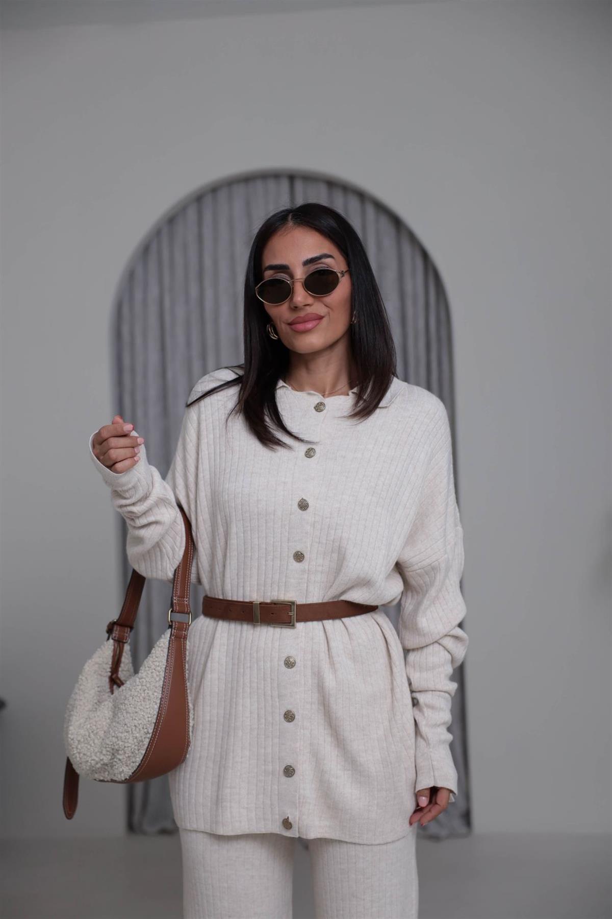 0017 Polo Yaka Düğmeli Triko Takım KREM