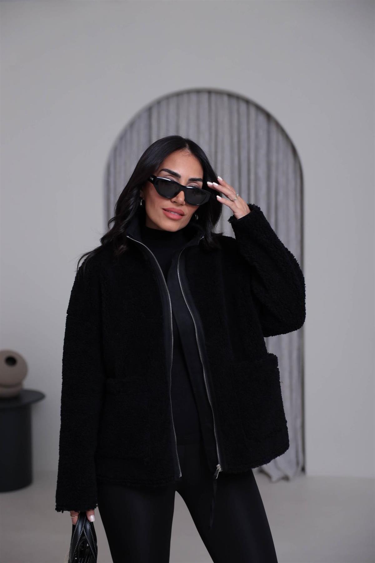 2895 Dik Yaka Fermuarlı Teddy Mont SİYAH