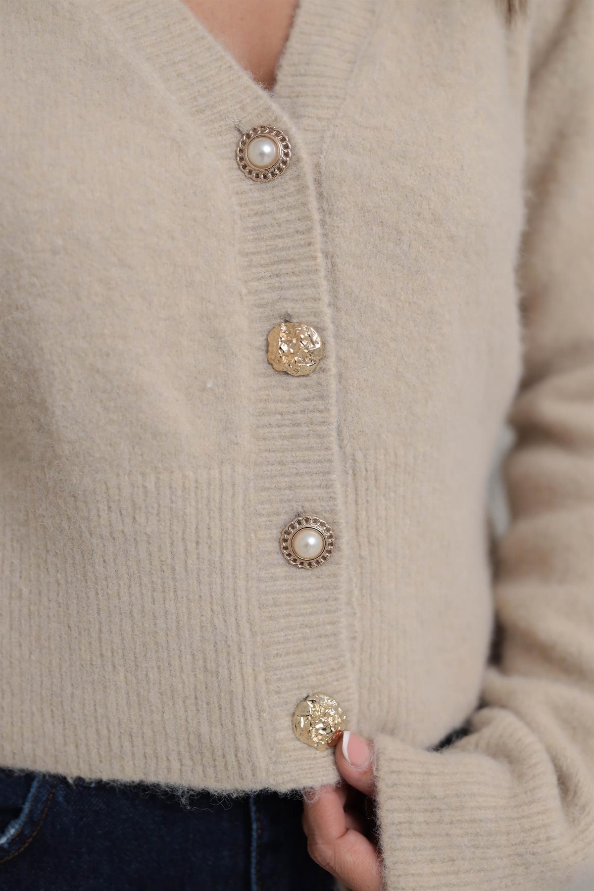 0273 V Yaka Gold Düğme Detaylı Hırka KOYU BEJ