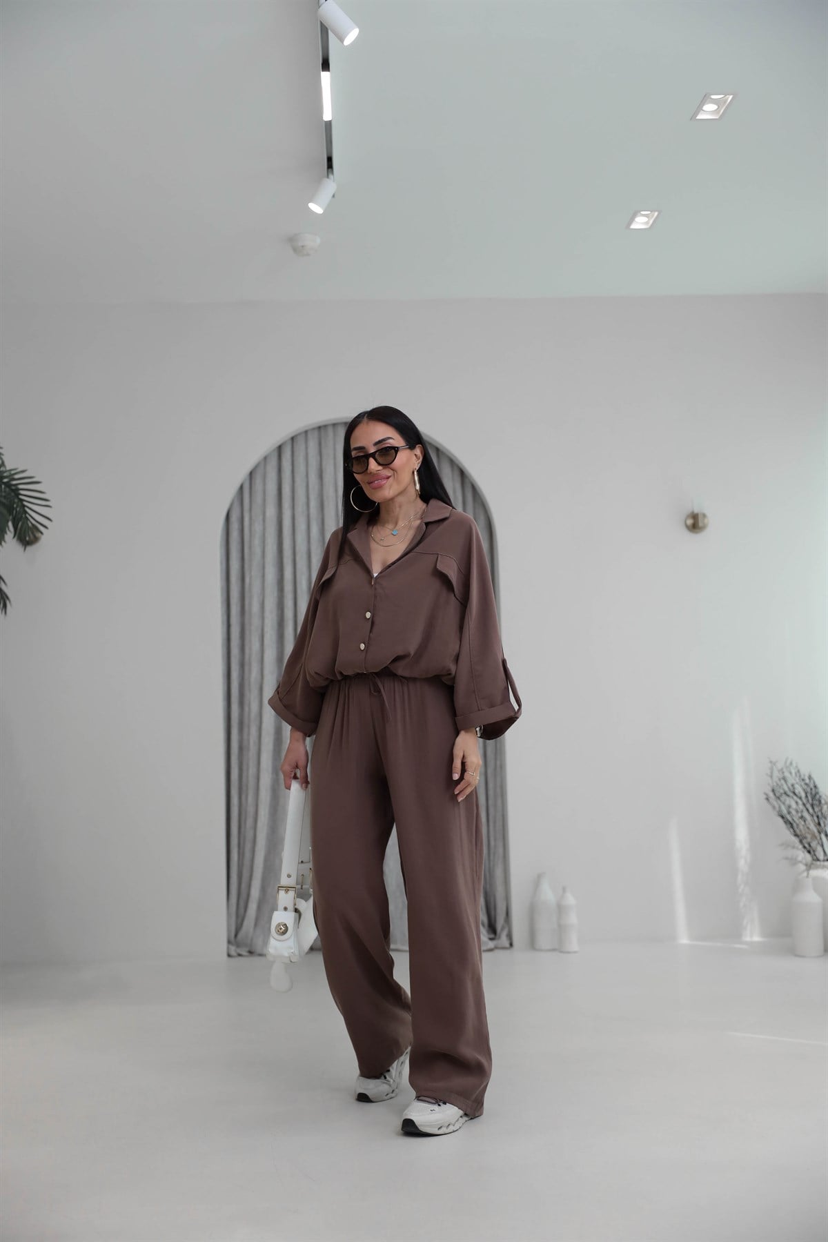 7121 Gold Düğmeli Tencel Kumaş Takım KAHVE