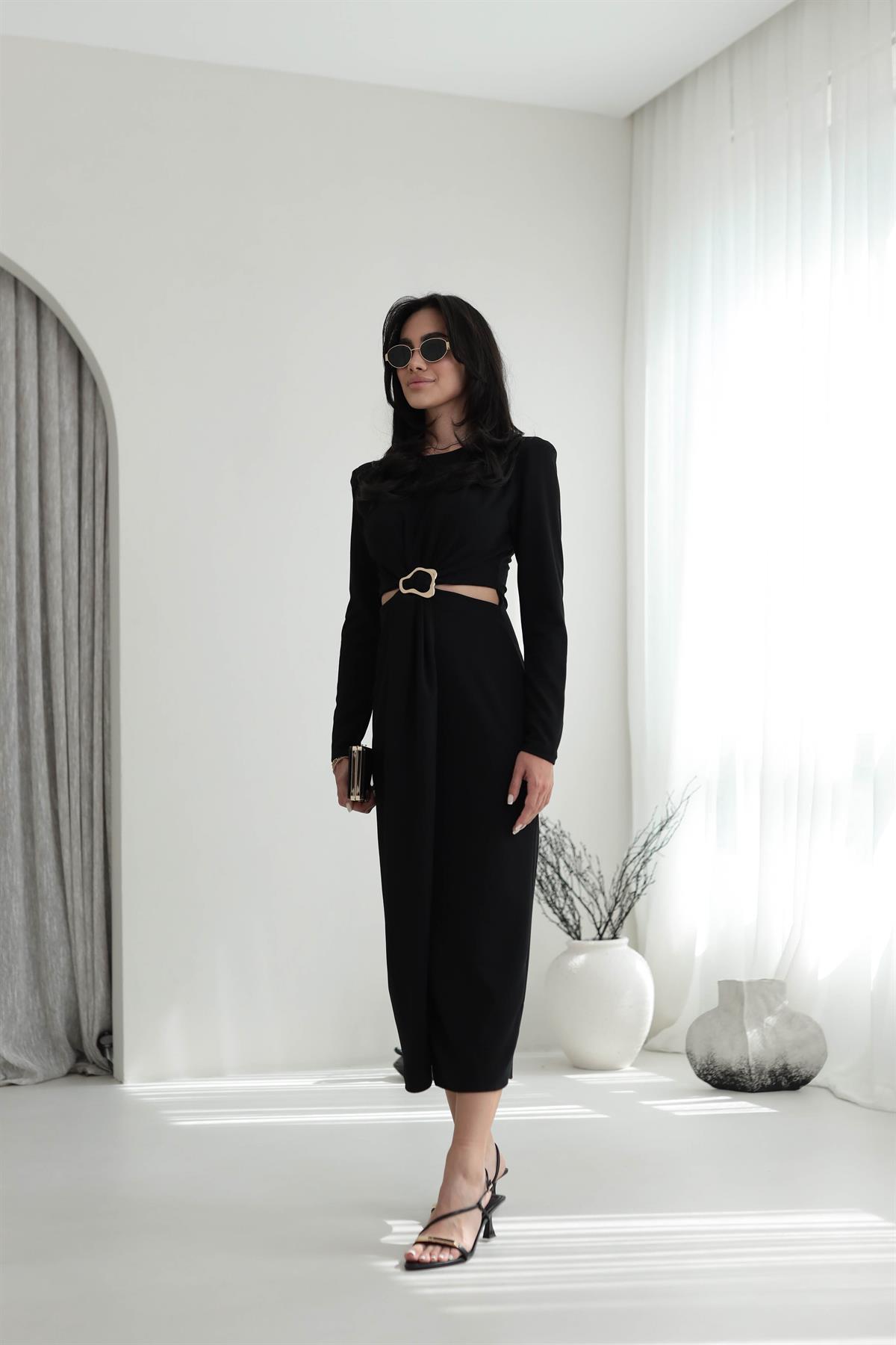 3655 Gold  Aksesuarlı Bel Dekolteli  Midi Elbise SİYAH