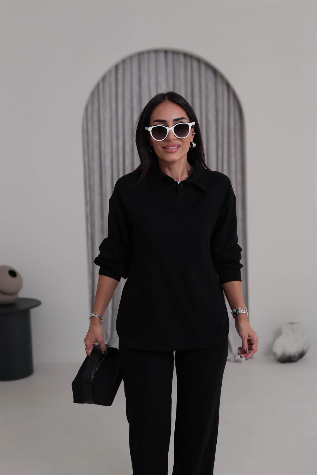 2411 Selanik Polo Yaka Yarım Düğmeli Rahat Takım SİYAH