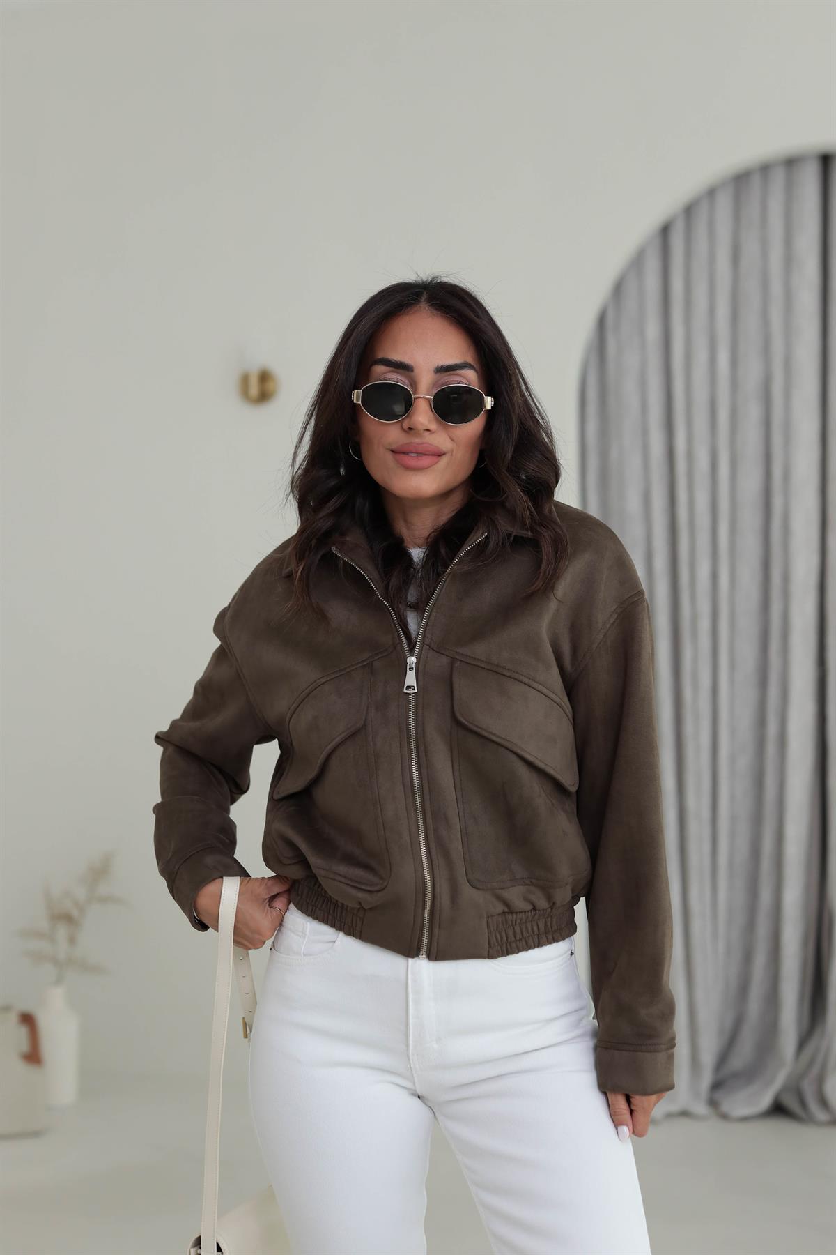 9730 Cep Detaylı Bel Lastikli Süet Bomber HAKİ YEŞİL