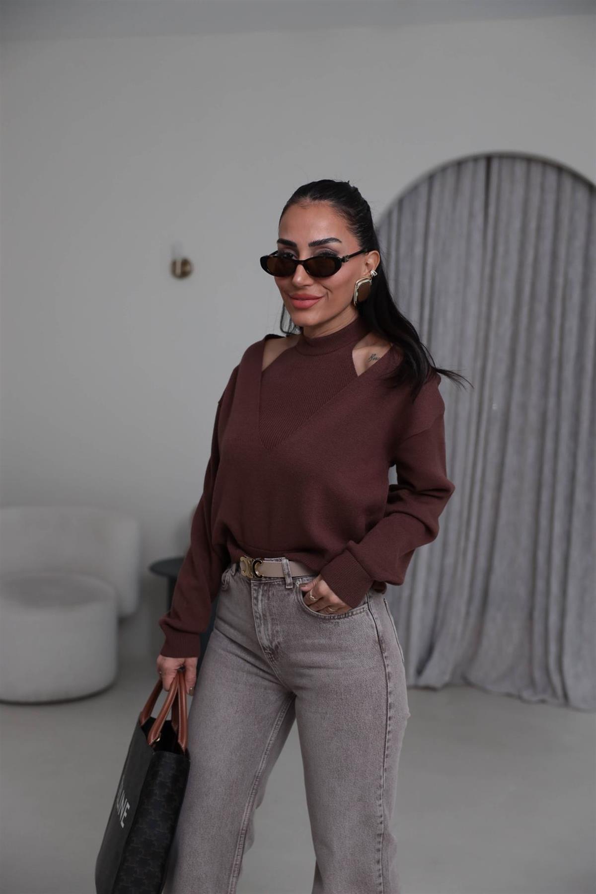 1206 V Yaka İkili Korsman Bluz KAHVE