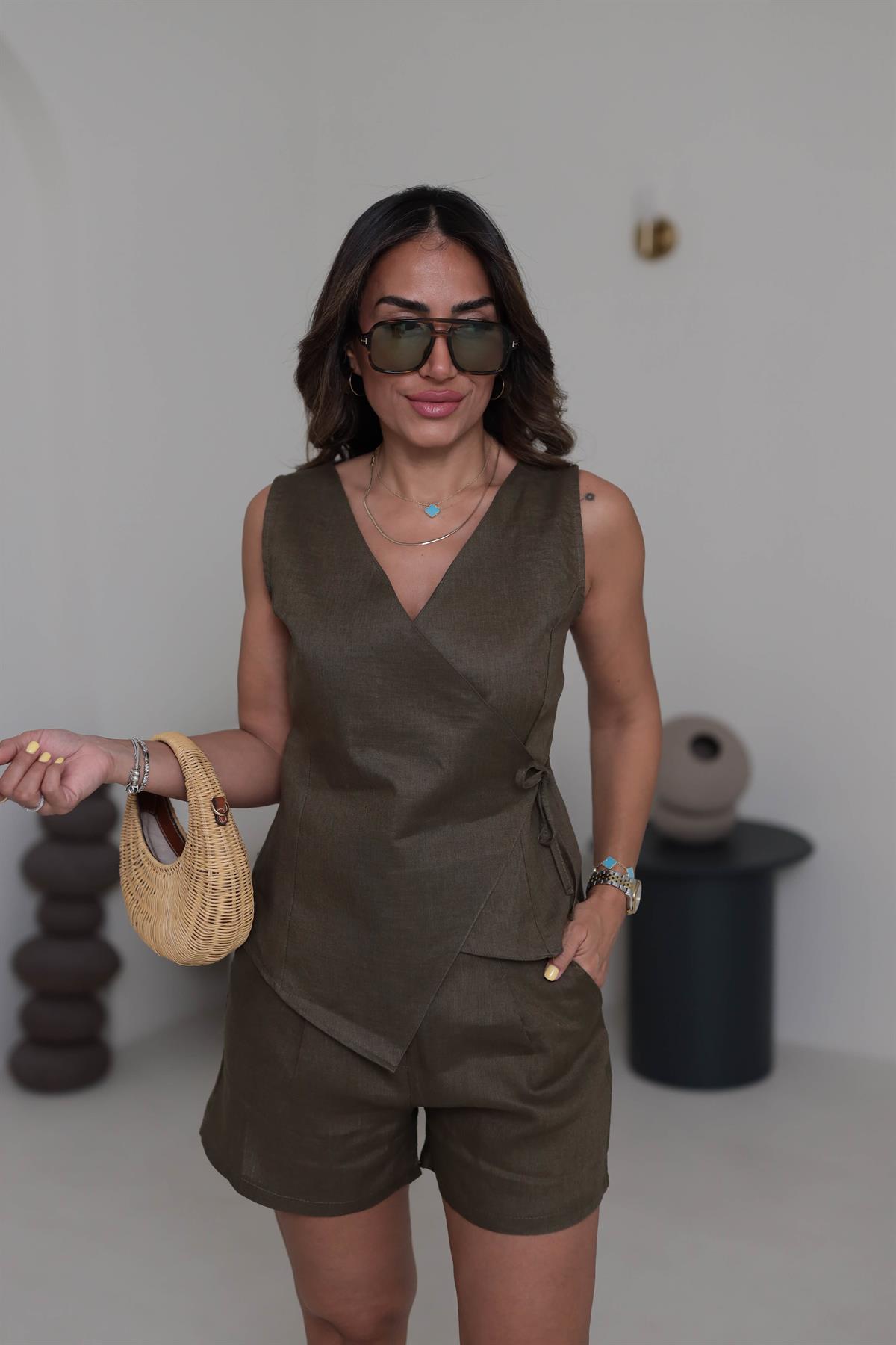 4085 Yelekli Keten Şort Takım HAKİ YEŞİL