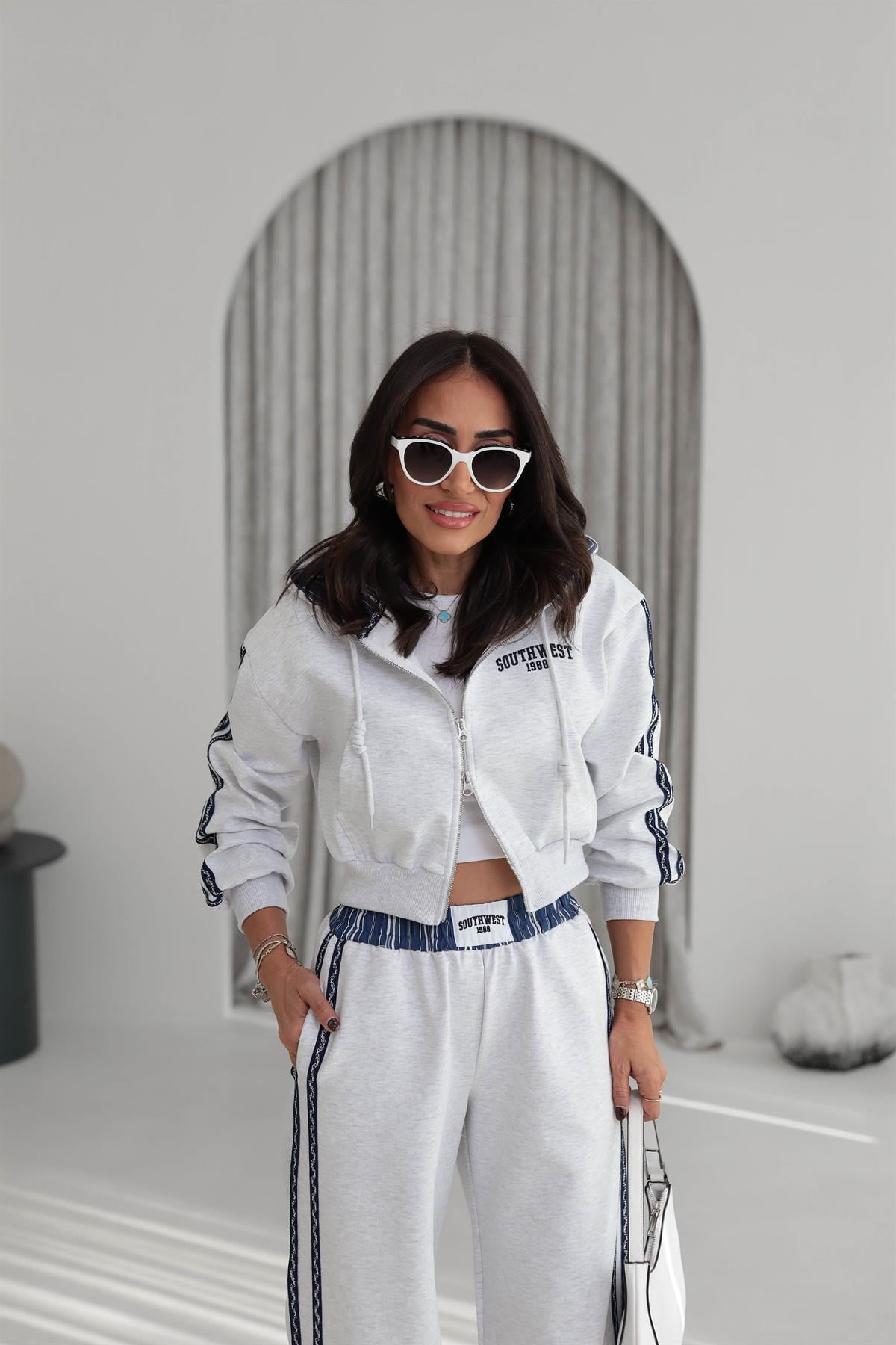 0810 Şerit Detaylı Fermuarlı Sweatshirt GRİ