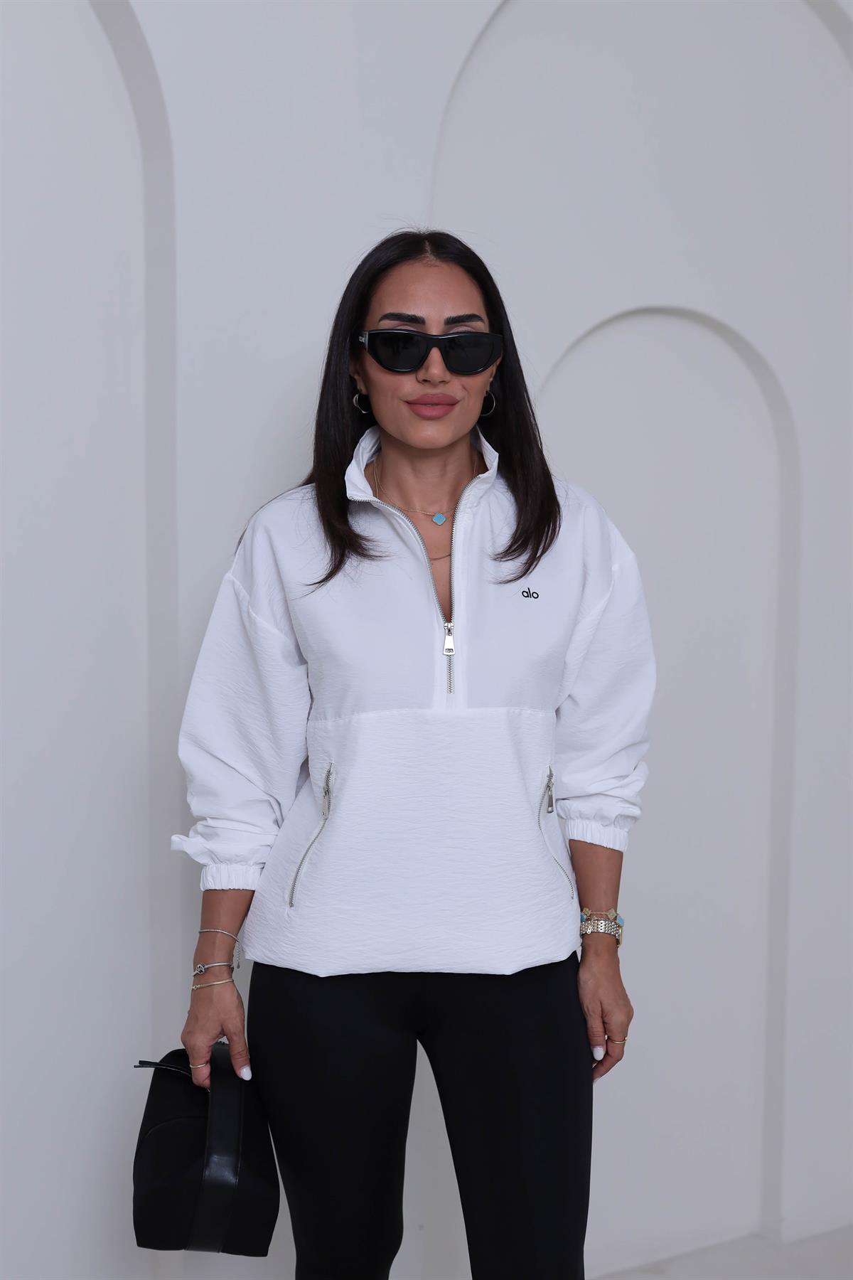 2120 Yazı Baskılı Rahat Paraşüt Sweatshirt BEYAZ