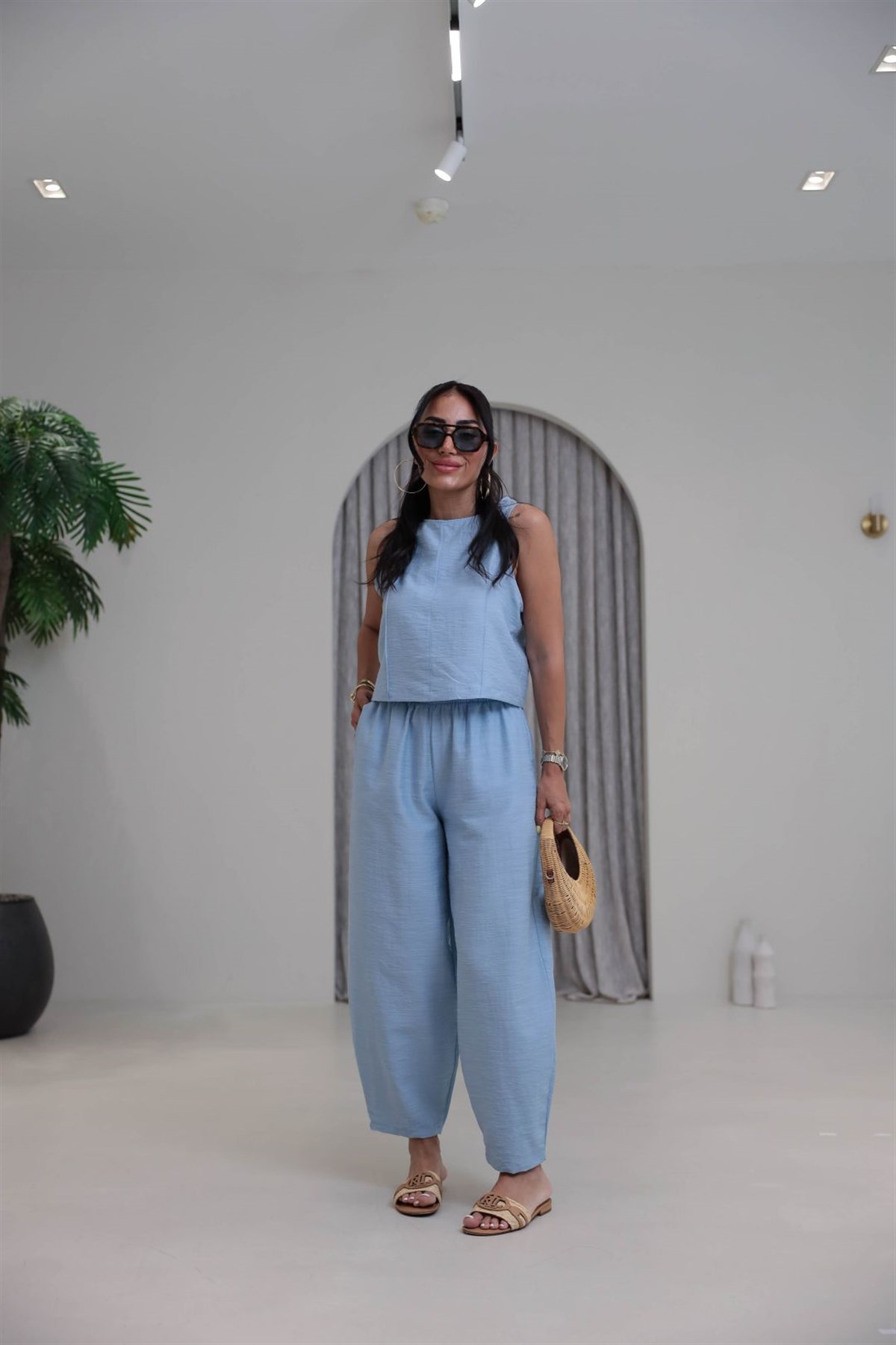 8568 Sıfır Kol Bluz Pantolon Takım BEBE MAVİ