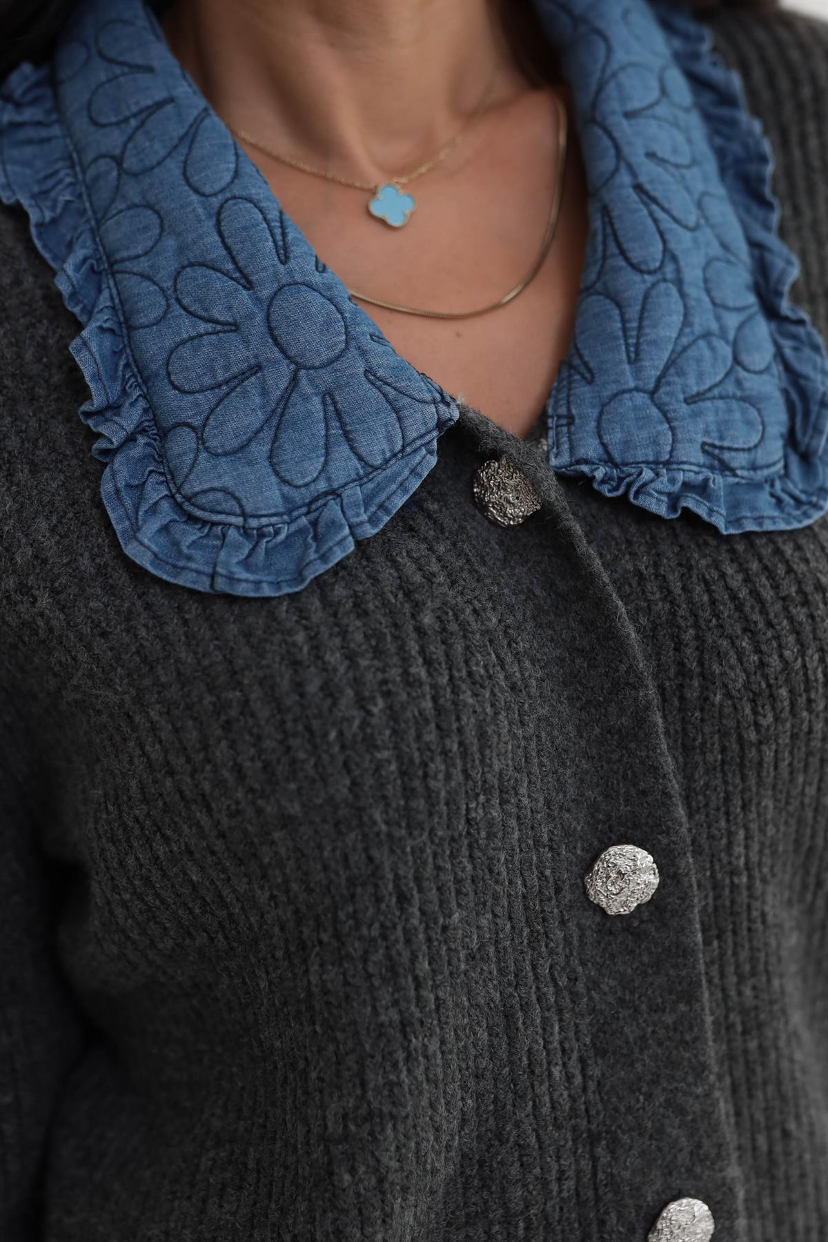 1105 Yakası Kapitone Kot Kumaş Detaylı Hırka GRİ