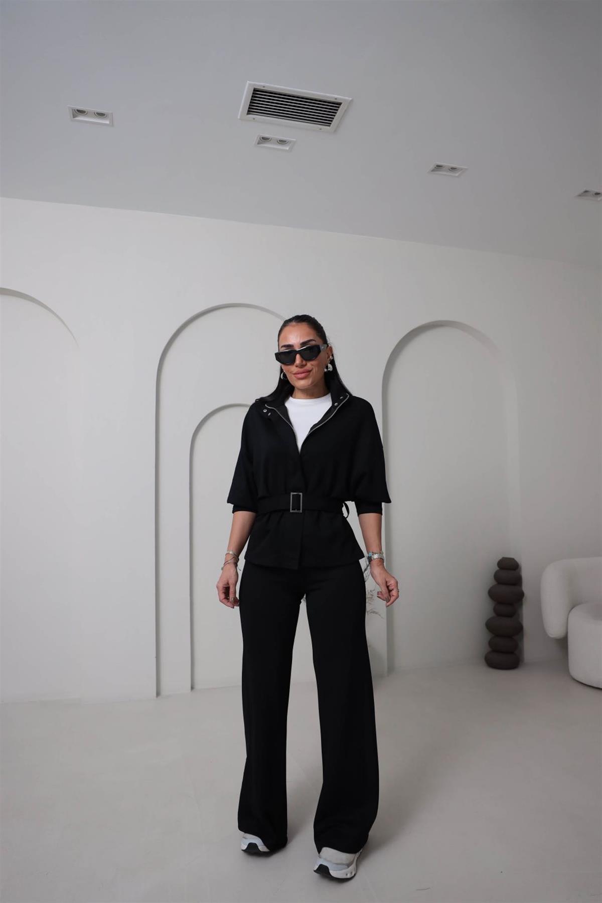 8616 Fermuarlı Kuşaklı Çıtçıt Detaylı Modal Takım SİYAH