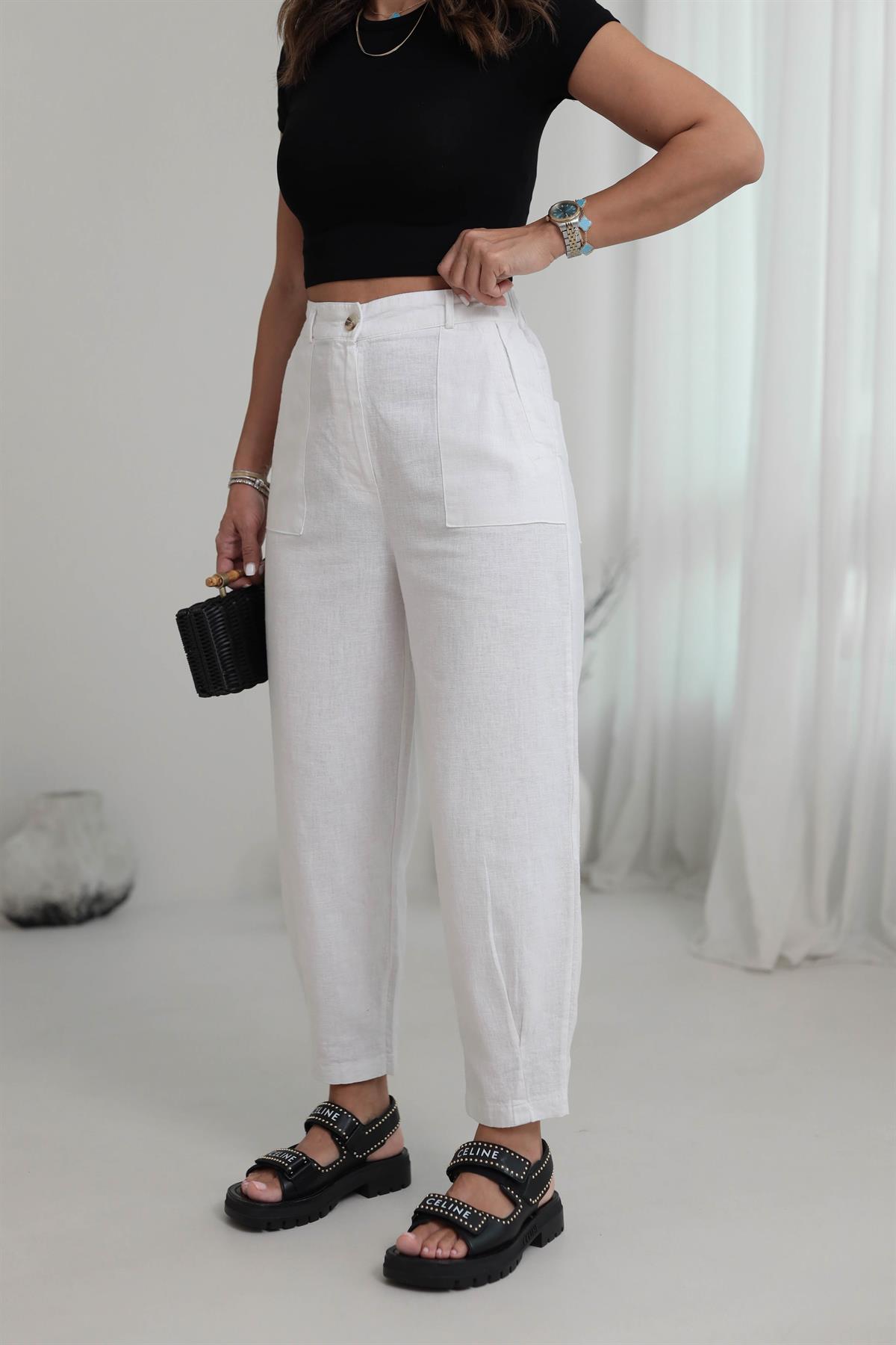 1711 Paçası Pensli Yan Cepli Keten Pantolon BEYAZ