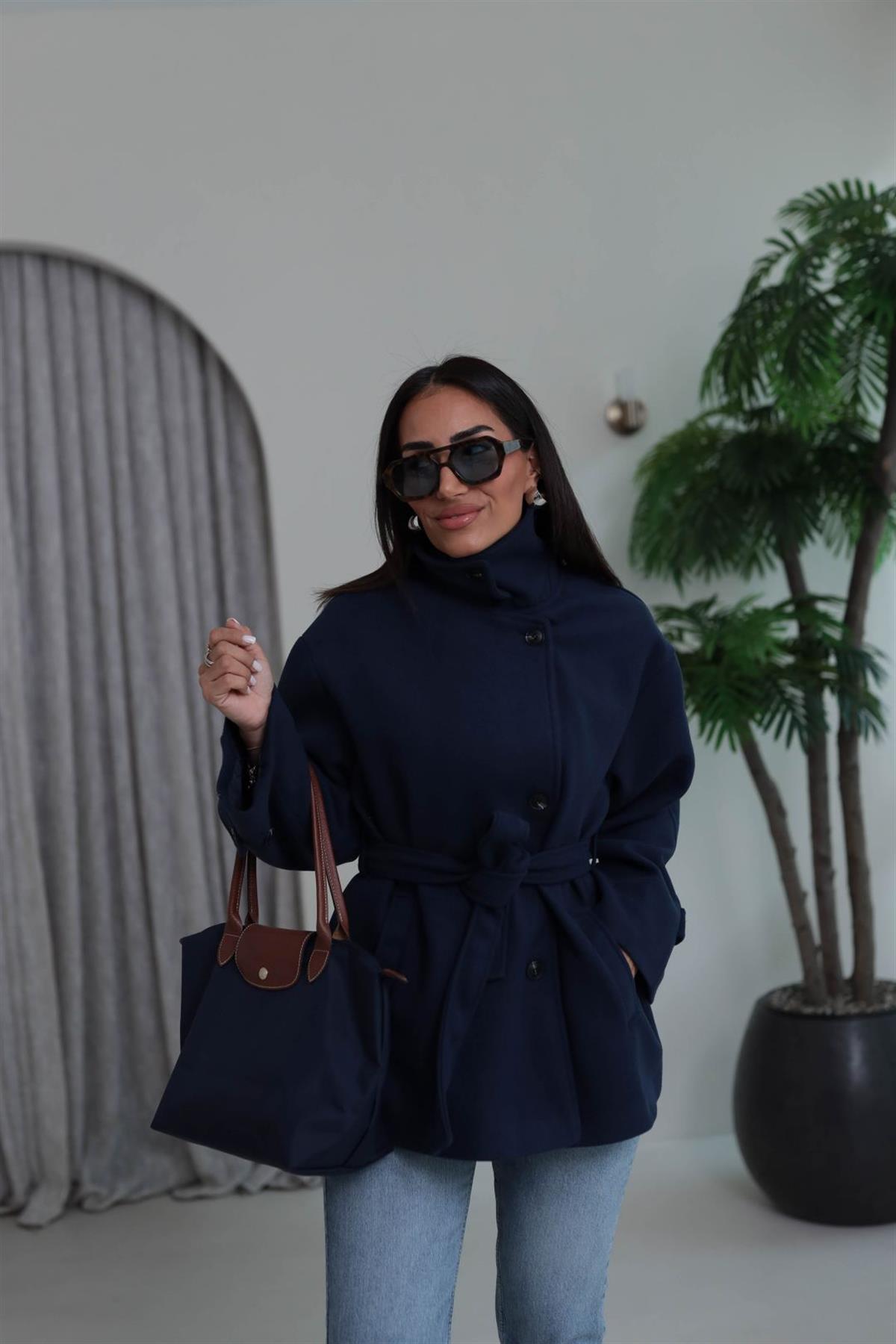 0646 Kuşaklı Yakalı Kaşe Kaban LACİVERT