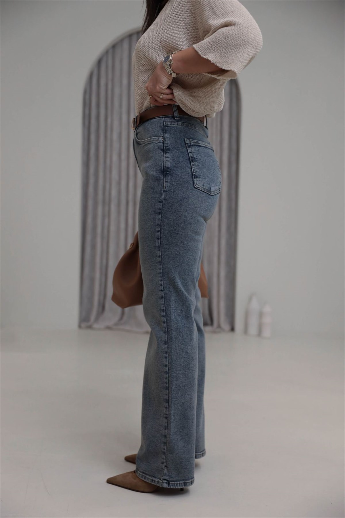 1001 Kemerli Wide Leg Pantolon TİNTLİ MAVİ