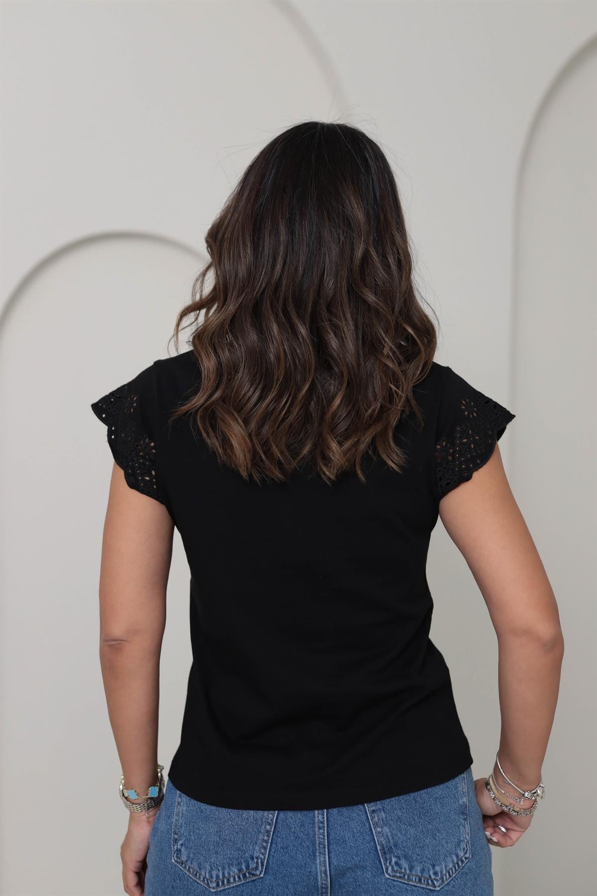 2982 Pamuklu Kolları Fistolu Tshirt SİYAH