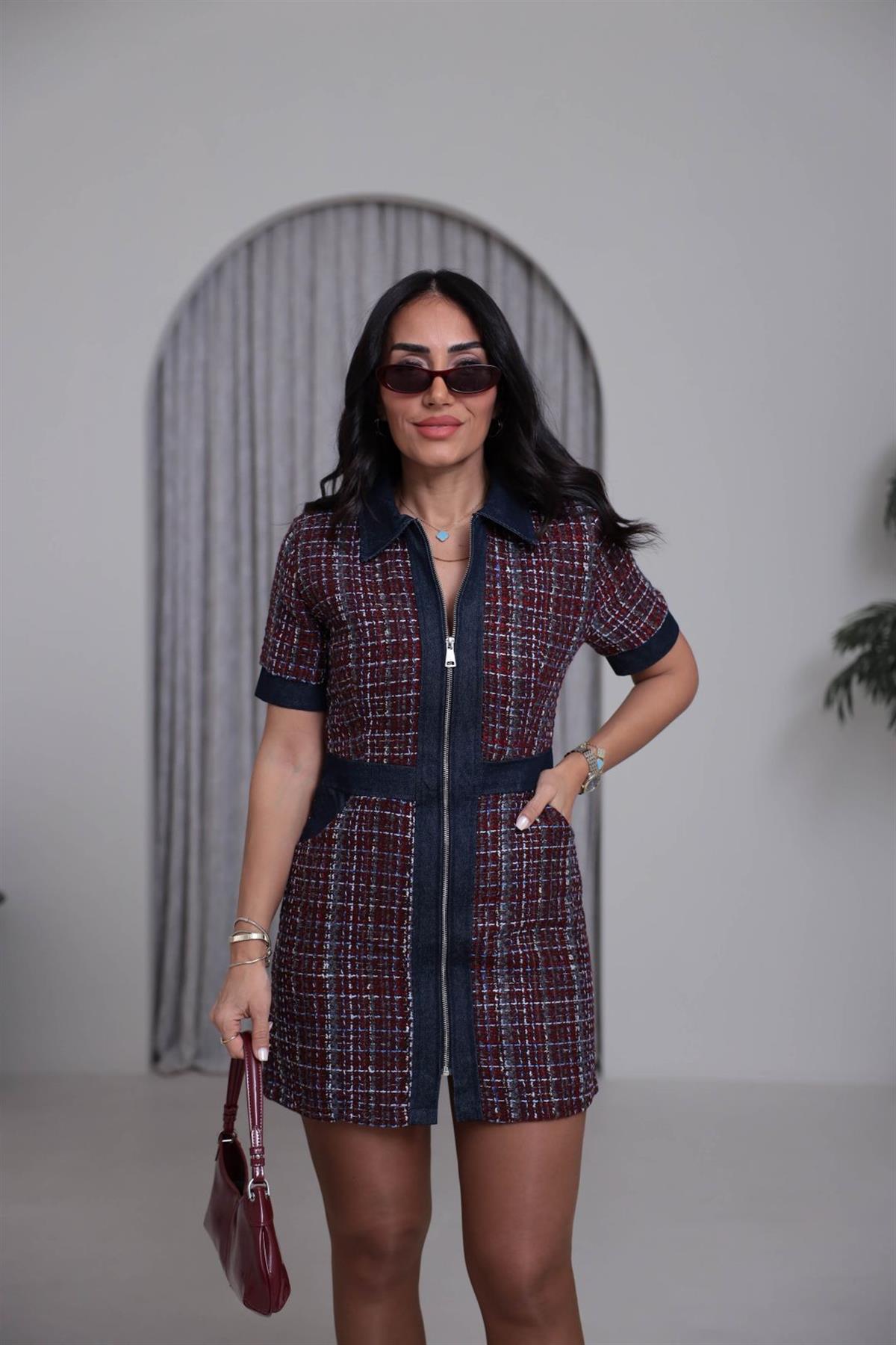 8082 Gömlek Yaka Kot Garnili Tüvit Elbise BORDO