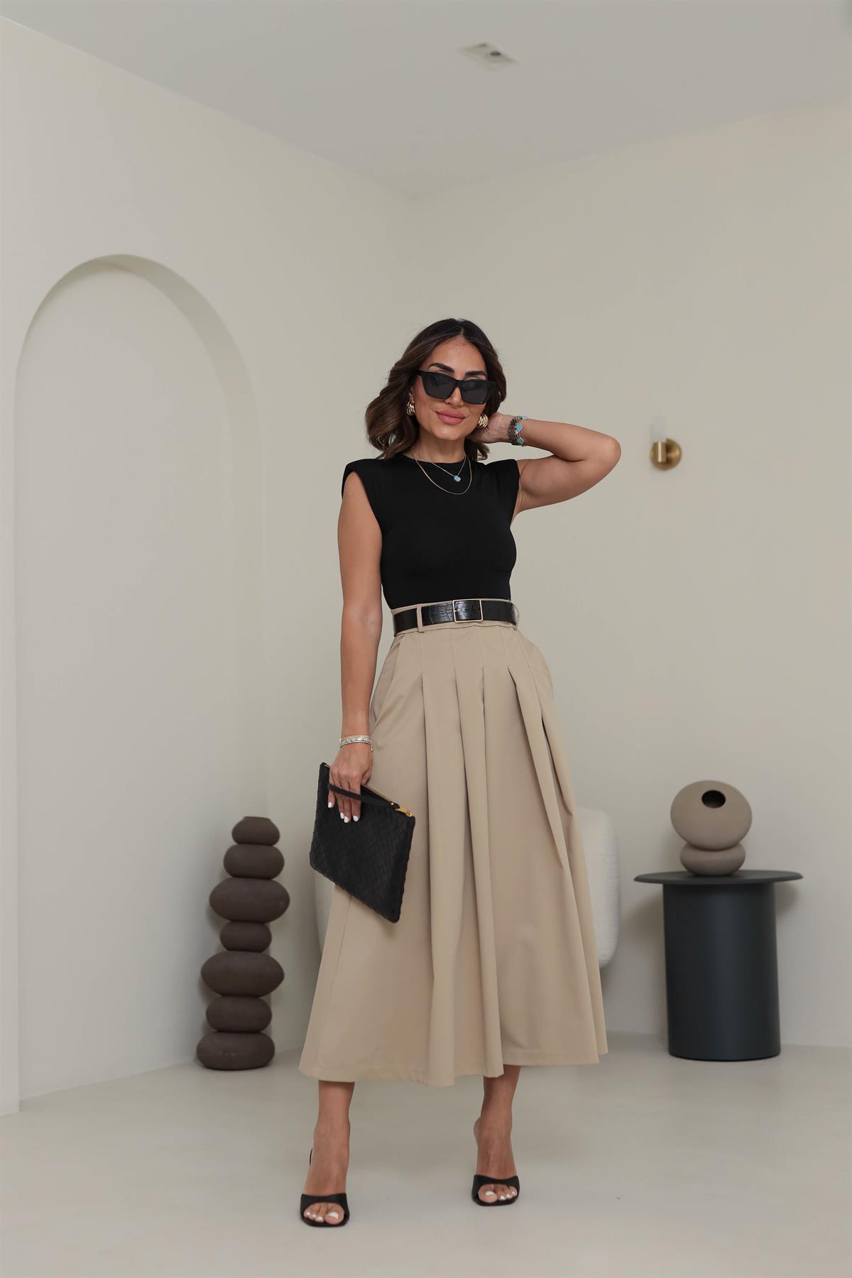 6340 Vatkalı Kemerli Kontast Elbise SİYAH-BEJ