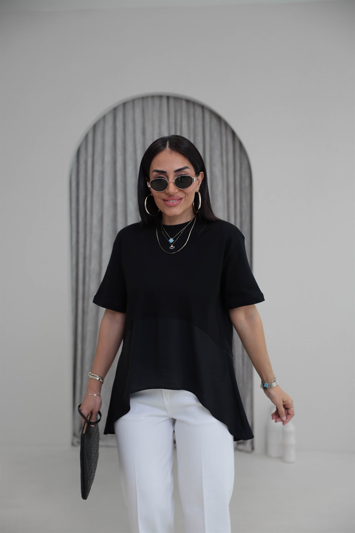 8204 Bisiklet Yaka Tencel Garnili Dökümlü Tshirt SİYAH