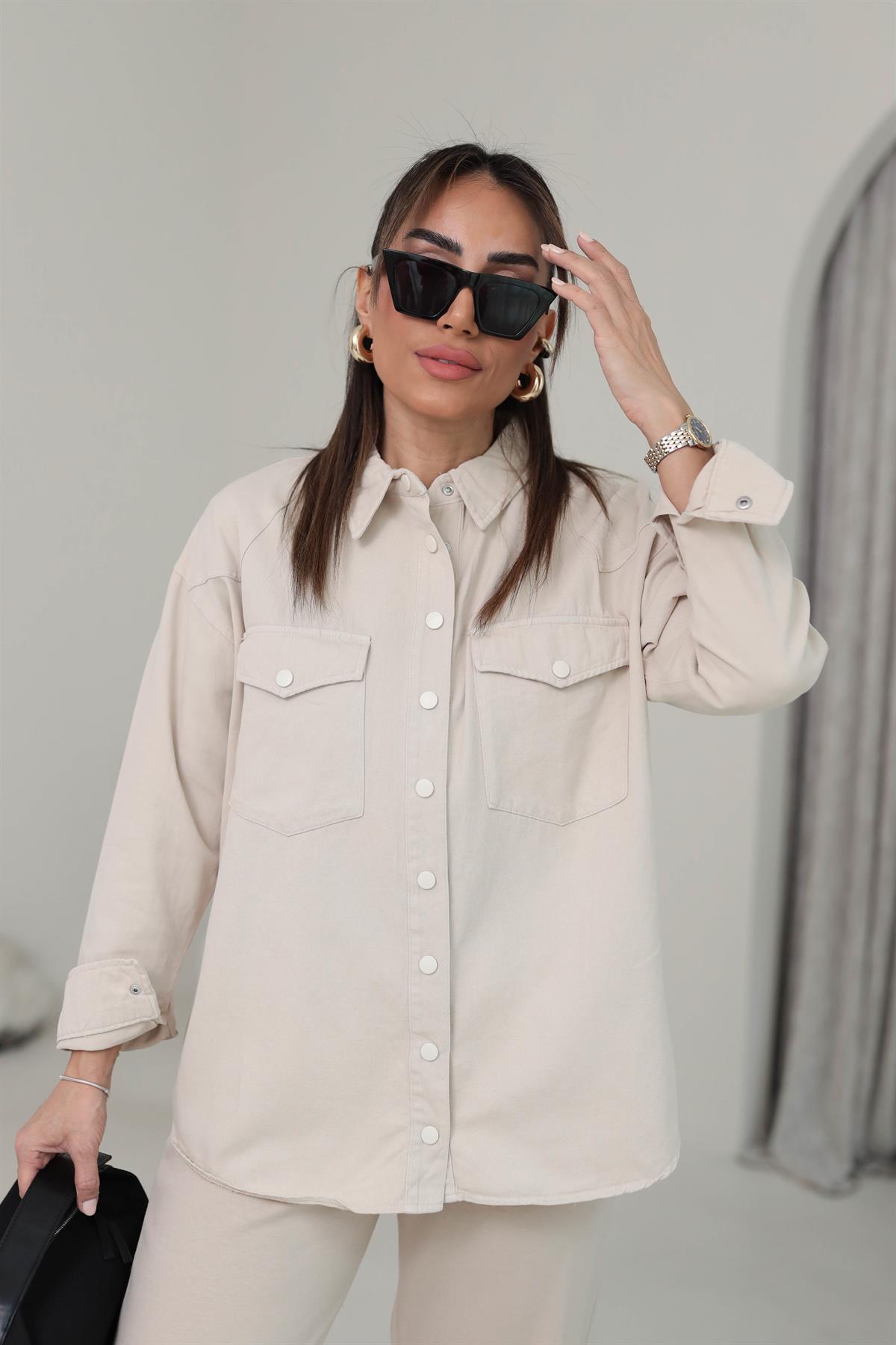 1344 Cep Kapaklı Gabardin Gömlek TAŞ