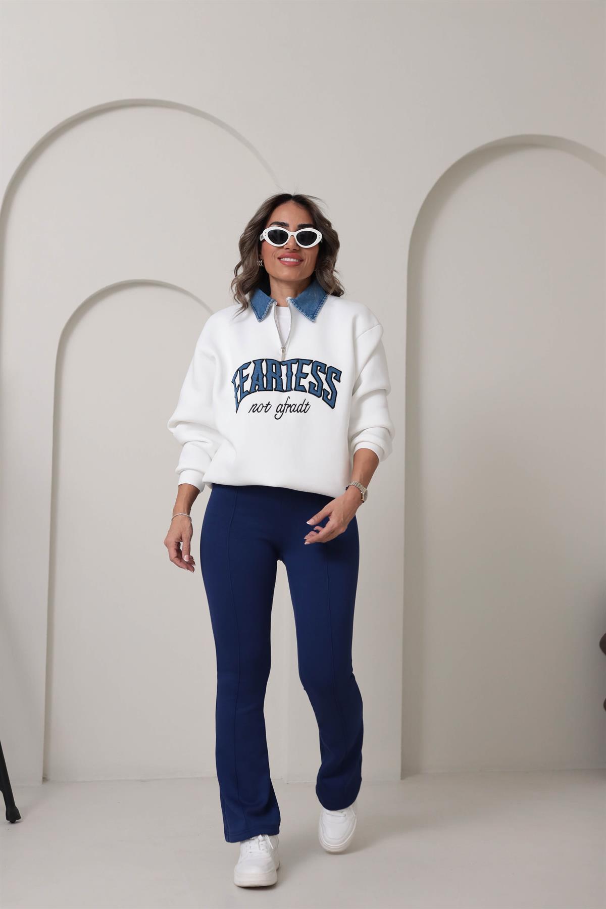 8660 Denim Mix Yaka Fermuarlı Şardonlu Sweatshirt EKRU