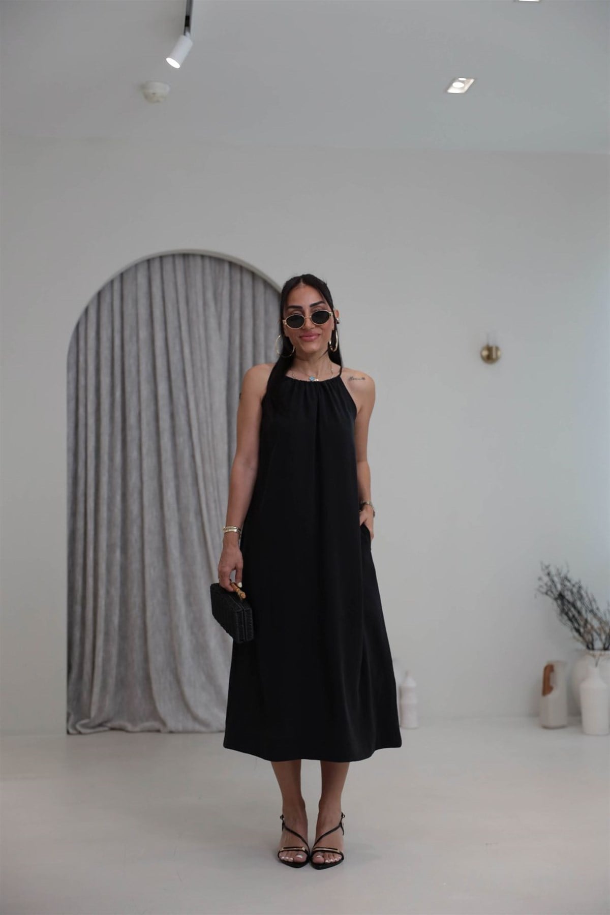 1106C İpli Halter Yaka Cepli Tencel Elbise SİYAH