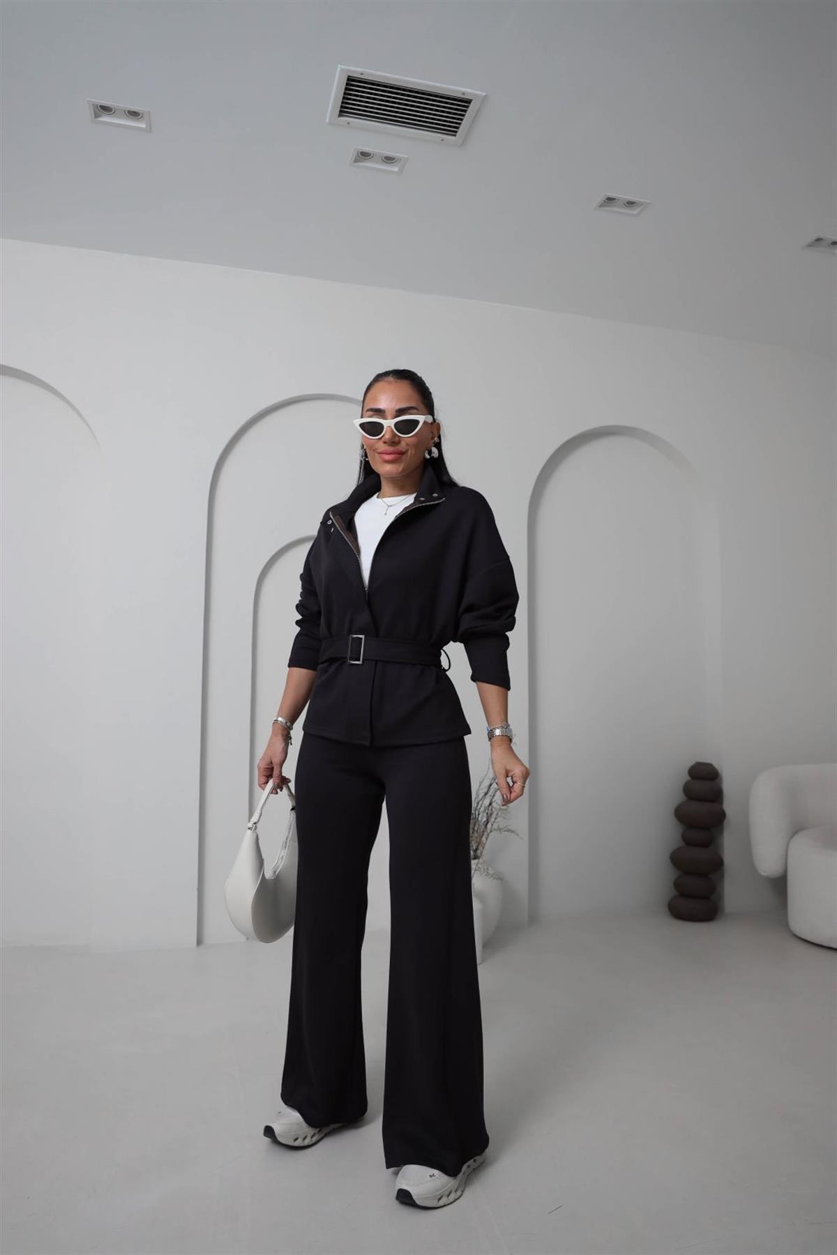 8616 Fermuarlı Kuşaklı Çıtçıt Detaylı Modal Takım ACI KAHVE