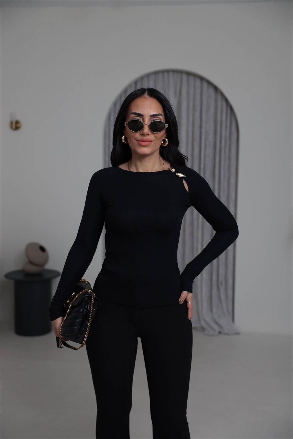 1063 Gold Aksesuarlı Modal Bluz SİYAH