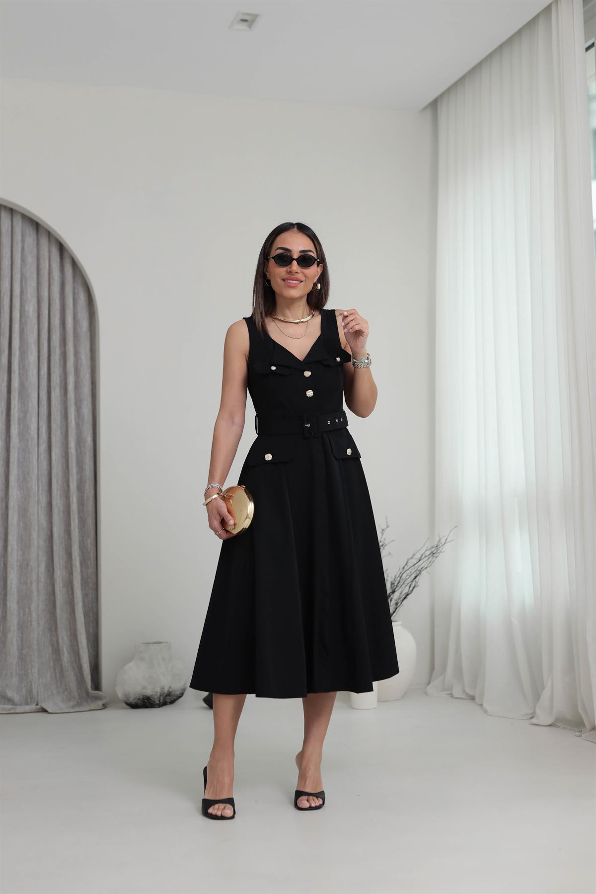 Kare Yaka Gold Düğmeli Cep Kapaklı Elbise SİYAH